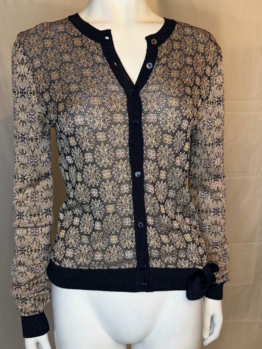 RED Valentino Black and Gold Tweed-Style Button Cardigan